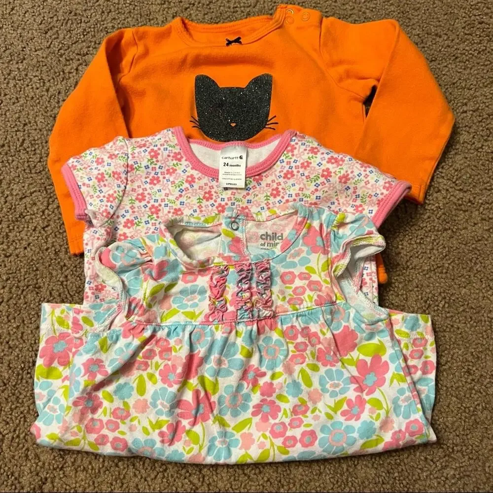 3 Piece LOT of Girls 24 Months Halloween Black Cat Bodysuit Floral & Birdie